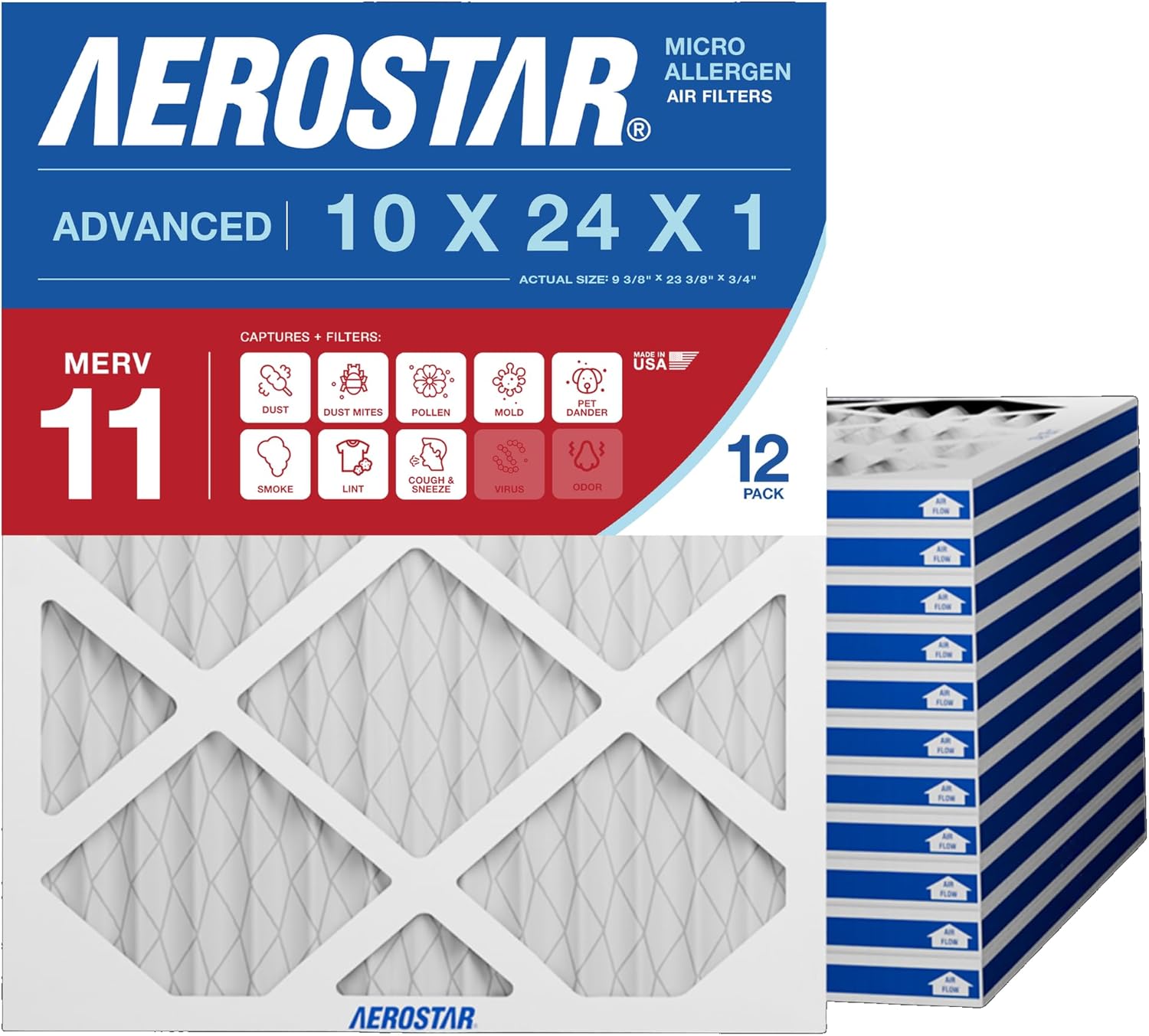 Aerostar 10x24x1 MERV 11 Pleated Air Filter, Allergy and Pet Dander Protection (12 Pack), Actual Size: 9.38x23.38x0.75
