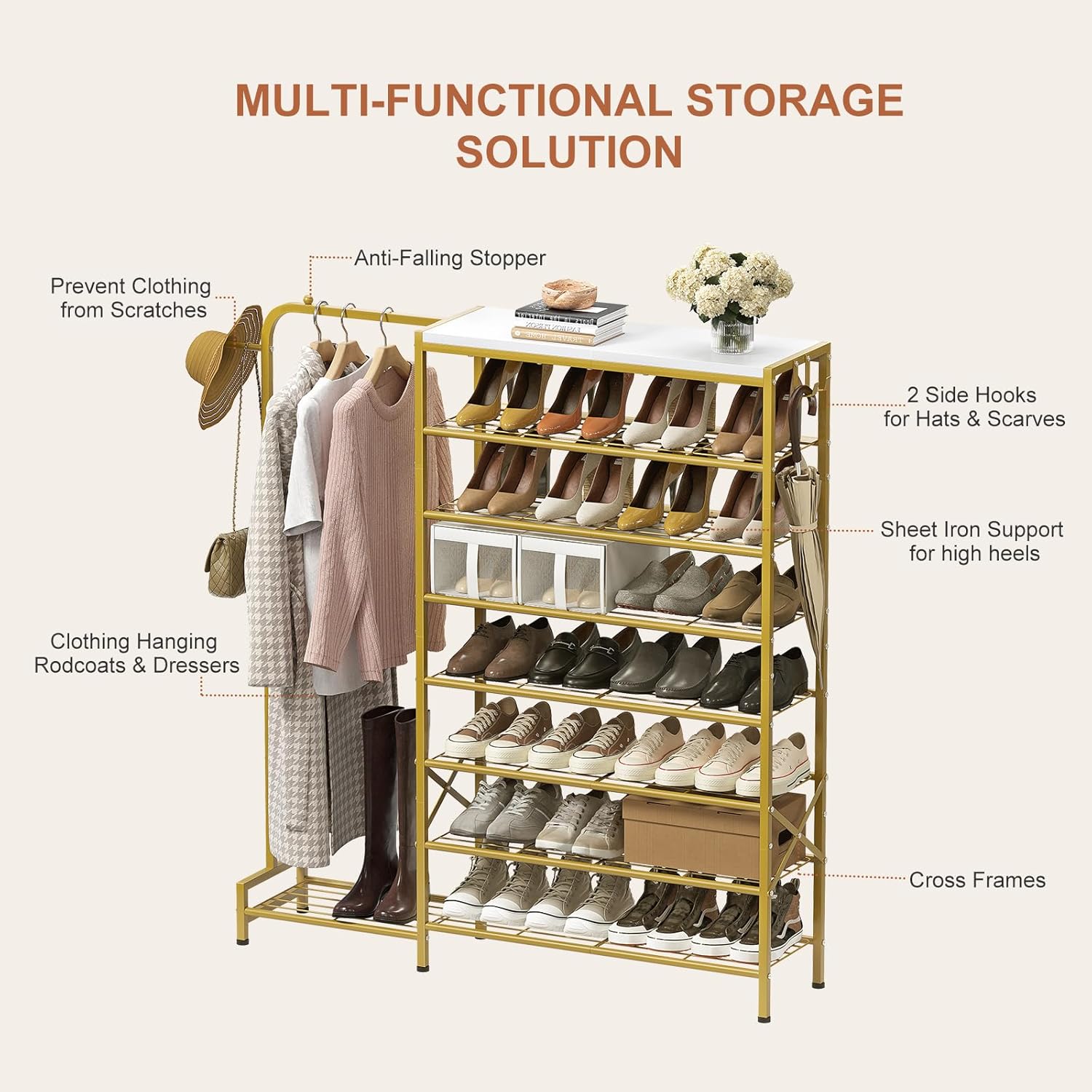 Shoe Rack with Coat Rack, 8 Tier Tall Shoe Storage Organizer with Hooks, 3-in-1, Wooden Top Shelf, Sturdy Frame, Metal Clothes Hanger Stand for Entryway, Closet, Gold