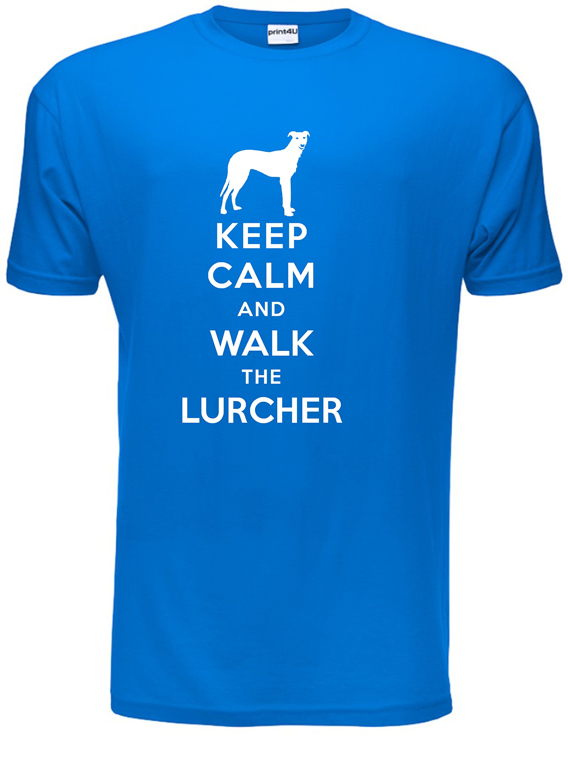 Print4u Men's Blue Keep Calm Walk The Lurcher Kc Dog Lovers Gift T Shirt Large
