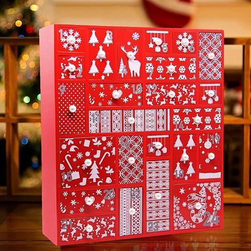 Miniatura 3 de Juegoal Calendario de Adviento rojo con 24 cajones cuenta regresiva para Navidad, Adviento de madera recargable, regalo de Navidad para niños, 15