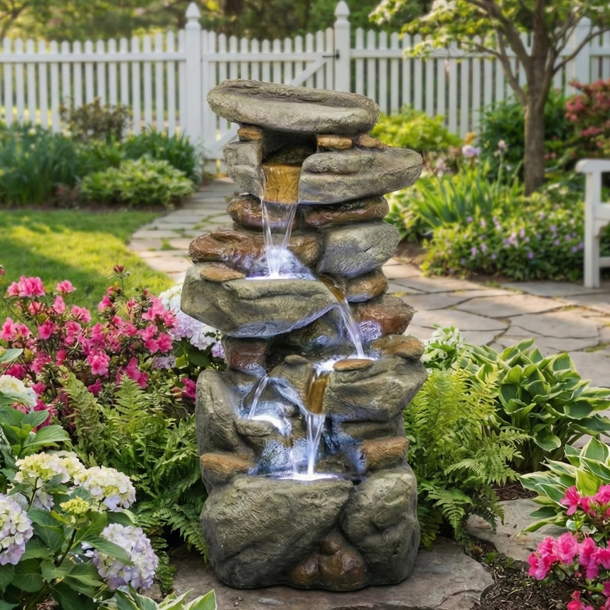 30'' High Rocks Outdoor Water Fountain Multi Tiered Cascading Waterfall with LED Lights Durable Resin Materials Ideal for Patio Yard Garden Backyard Decking Outdoor or Entryway Decor