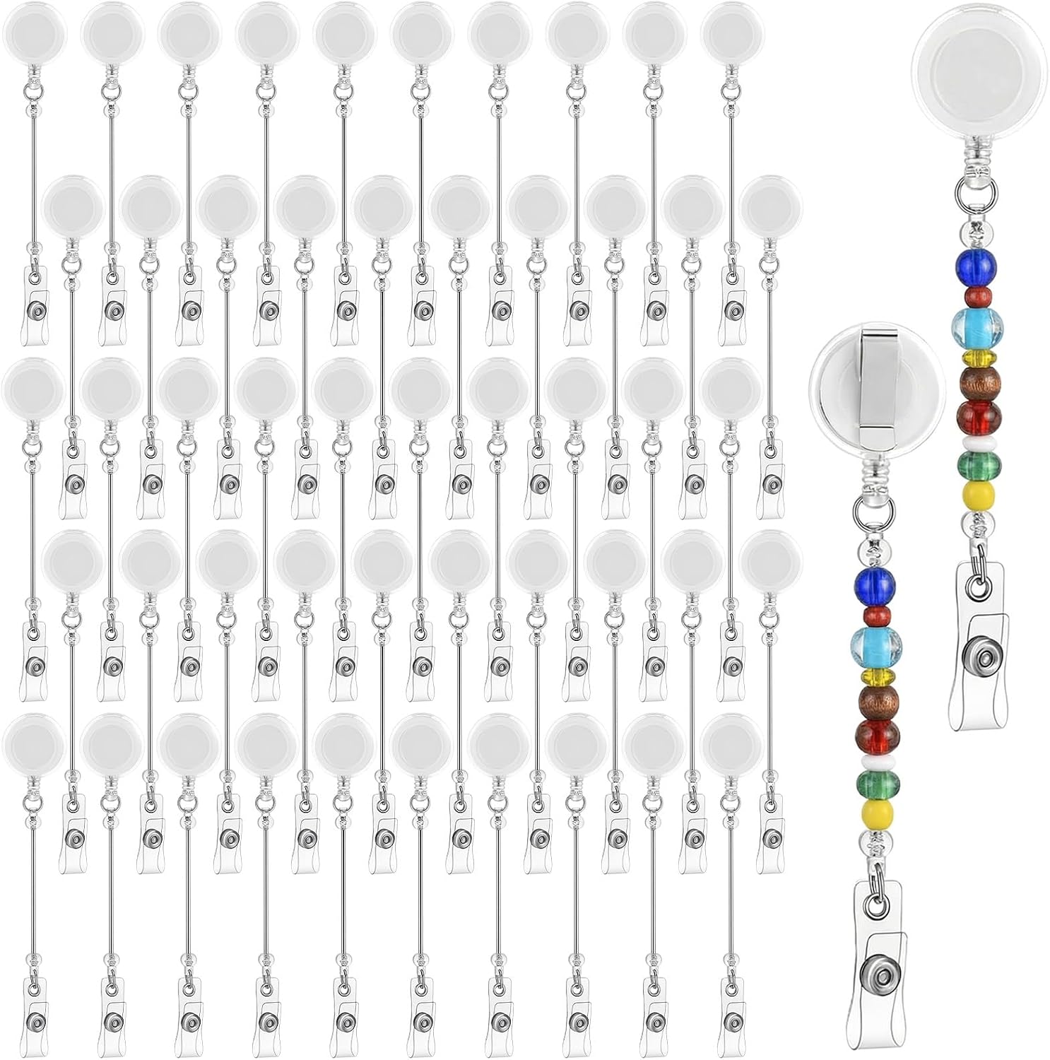 50 Pcs Beadable DIY Badge Reel Kit Beadable Reel Retractable Clips Holder for Beads Bulk Blank Bar ID Name Badge Reels with Belt Clip Jewelry DIY Gift for Nurse Teacher Office