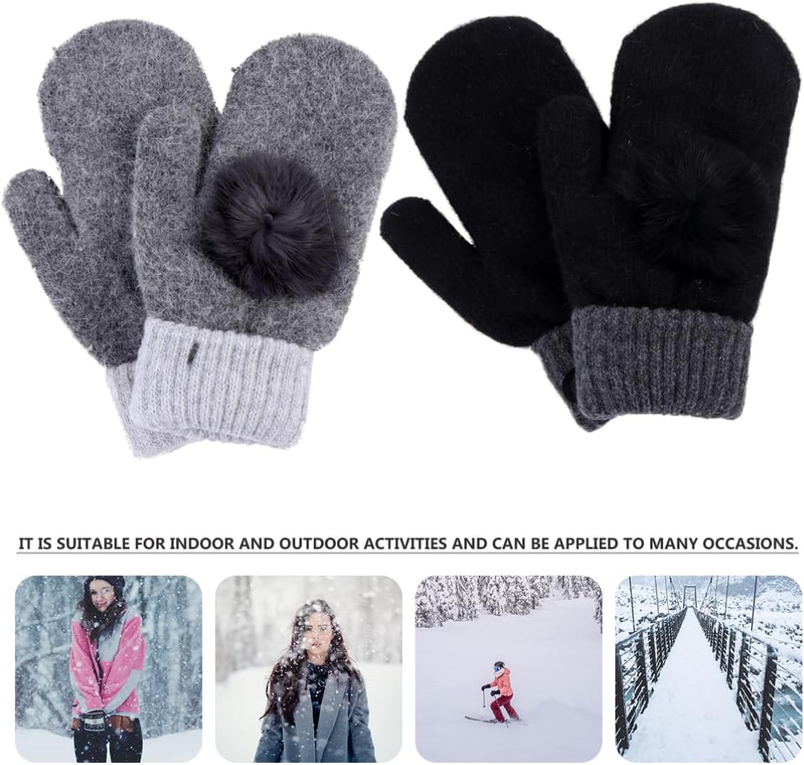 2pairs Women Winter Warm Gloves Full Fingers Wool Mittens Fleece Lining Fits Outdoor Activity Gloves