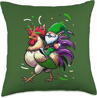 Gnome Riding Chicken Wearing Mardi Gras Masked Jester Hat Throw Pillow
