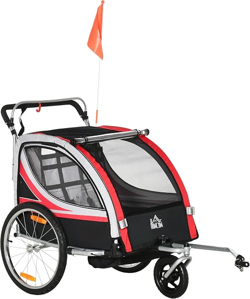 HOMCOM 2 in 1 Kinderfahrradanhänger, Kinderanhänger, Fahrradanhänger mit Mesh-Tür, 360° Drehbares Vorderrad, Buggy mit Bremse, Anhänger, 142 x 75 x 101 cm - 1