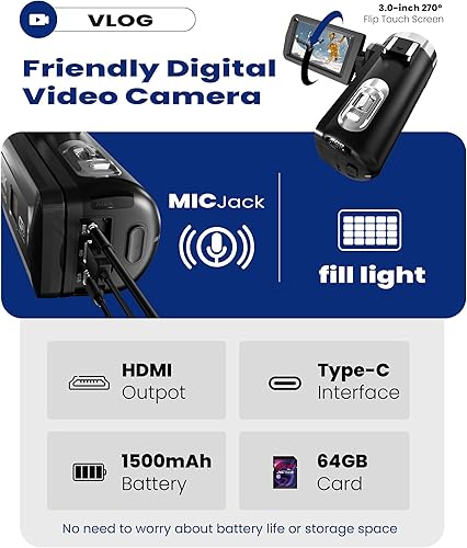 Miniatura 6 de Cámara de video 8K  UHD 64MP videocámara con tarjeta SD de 64 GB y WiFi 18X zoom digital Vlogging cámara con visión nocturna IR para YouTube,