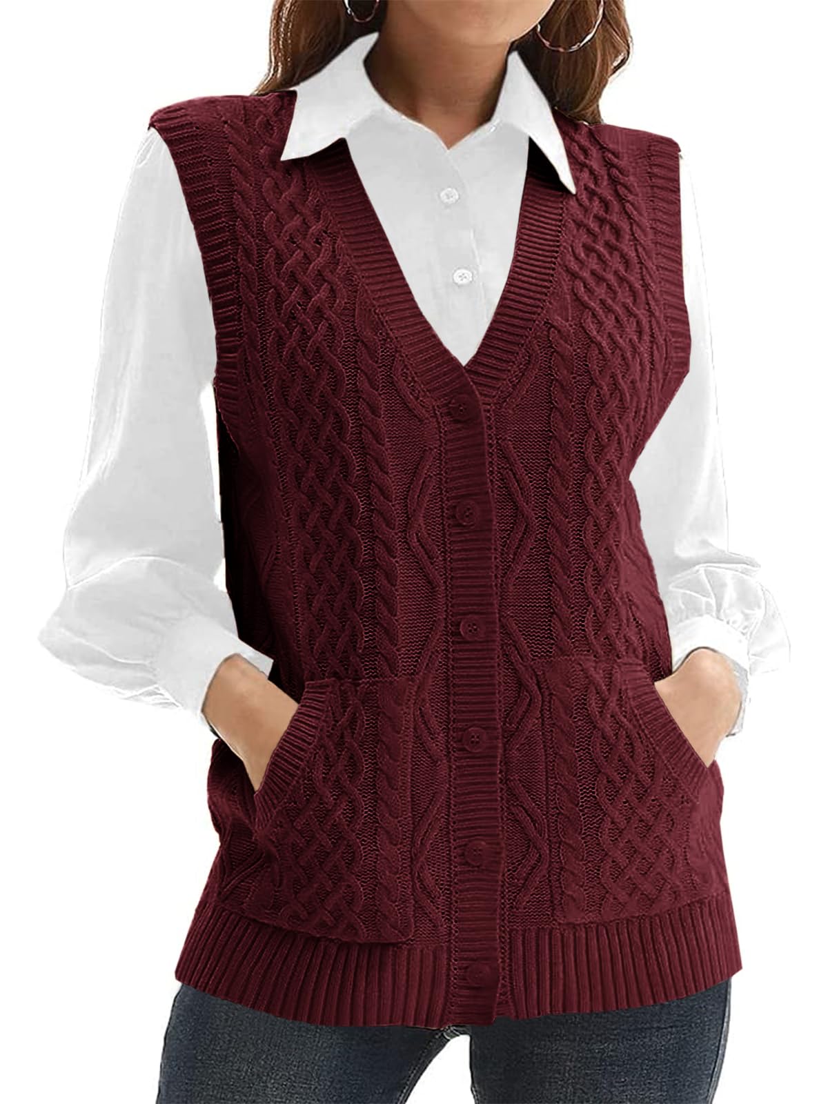 Womens’Knit Sweater Vest V Neck Sleeveless Cardigan Button Down Sweater Pocket Outwear Tops
