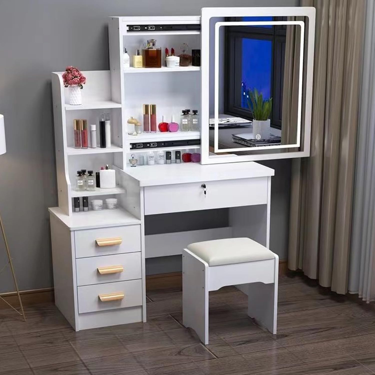Vanity Desk with Mirror and Lights,Makeup Vanity Desk with Lights 3 Colors,Vanity with 4 Drawers,6 Shelves,Vanity Table Set with Bench for Bedroom,Dressing Table and Chair Set for Girls Women (White)