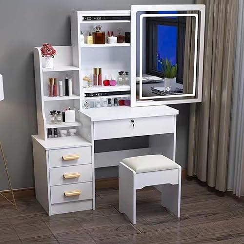Miniatura 2 de Escritorio de tocador con espejo iluminado LED, mesa de tocador de maquillaje con 4 cajones para dormitorio, baño, tocador con luces, tocador de