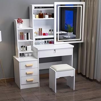 Vanity Desk with LED Lights Mirror,Makeup Vanity Table Set with Storage Drawers & Chair & Shelves,3 Lighting Modes & Adjustable Brightness,Dressing Table for Women Girls Bedroom Dressing Room (White)