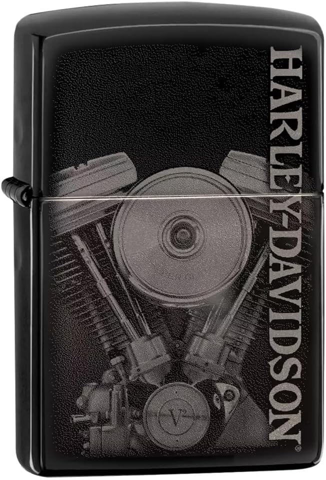 Zippo Windproof Lighter, Harley-Davidson Engine Design – High Polished Black, Photo Image – Refillable, Reusable, Windproof Design – Comes in Gift Box – Made in USA