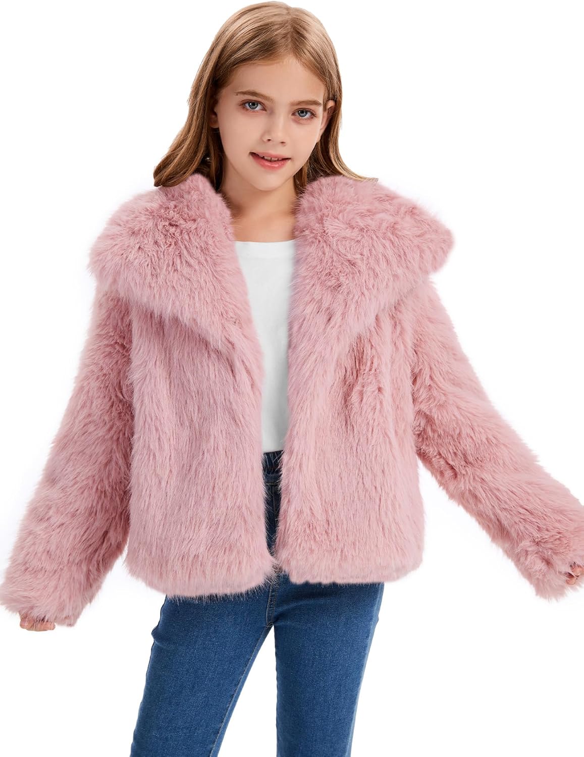 Flygo Girls Faux Fur Coat Kids Fluffy Long Sleeve Lapel Collar Open Front Jacket Warm Winter Shaggy Outwear with Pockets - Image 2