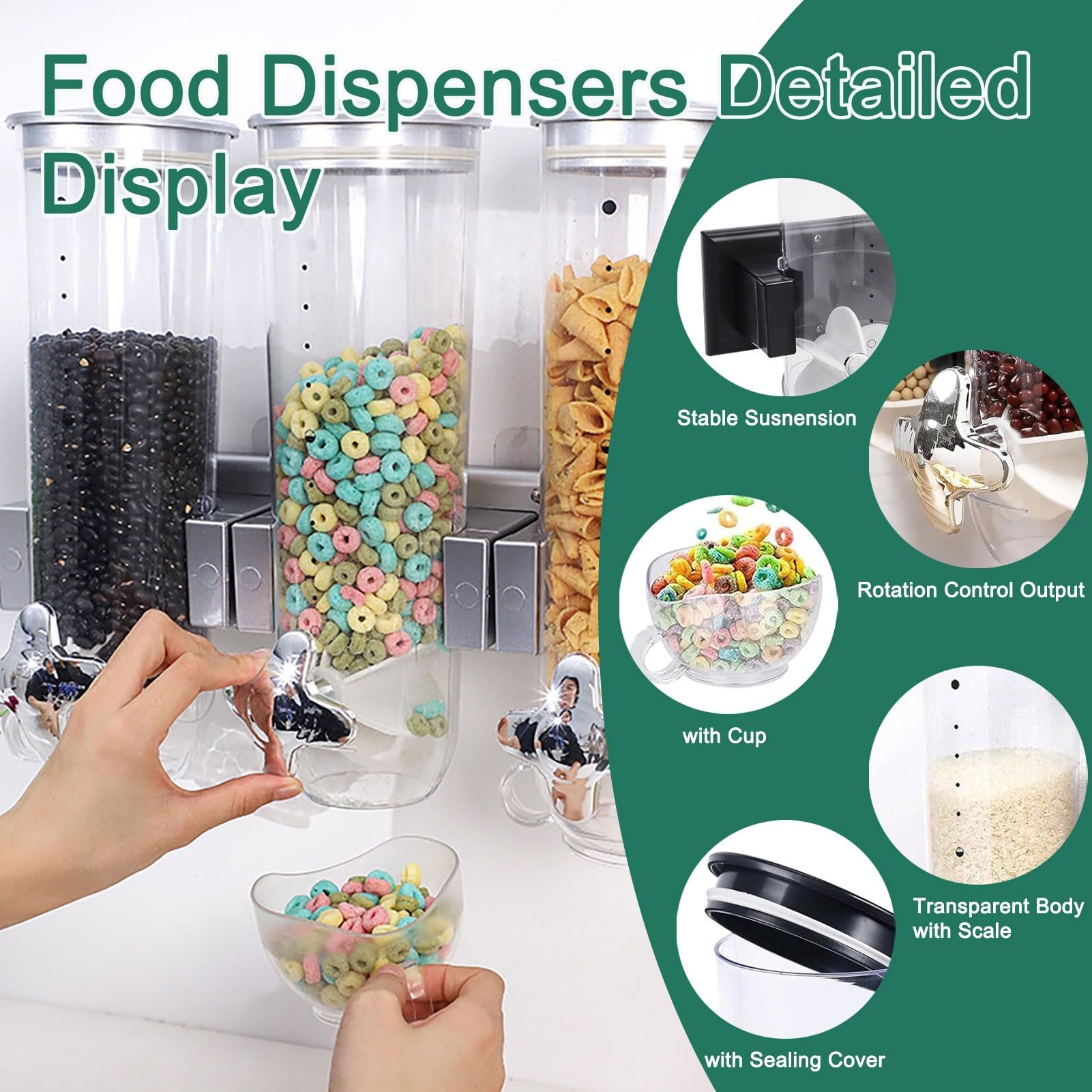 Dispenser per alimenti secchi, grande capacità, dispenser per cereali da parete, dispenser trasparente per cereali da cucina, farina d'avena, snack, chicchi di caffè, 1,8 l, testa singola