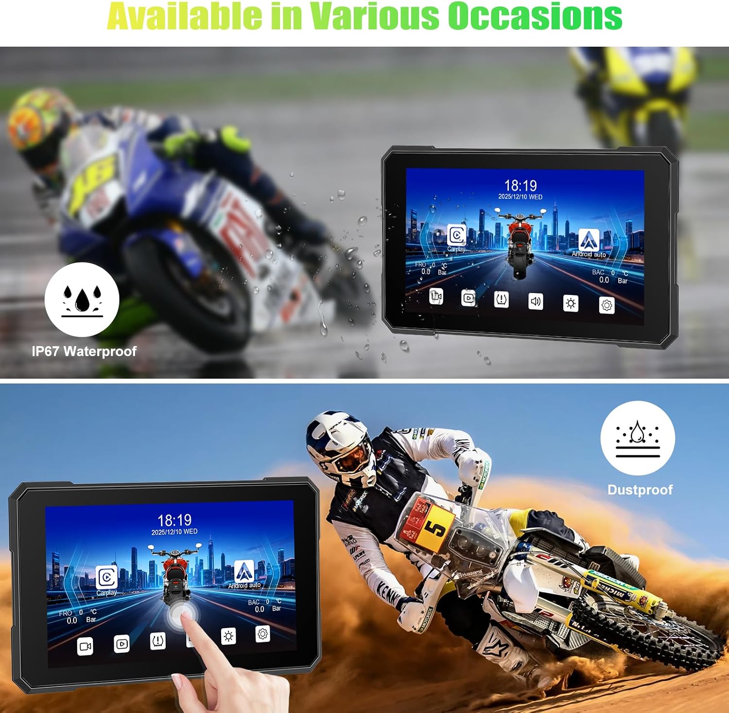 CAMECHO Motorcycle CarPlay Screen with 1080P Dash Cam Front & Rear Camera, Wireless Car Play Screen for Apple CarPlay & Android Auto, 5" Waterproof GPS Navigation Screen, Bluetooth Trans, WiFi Video
