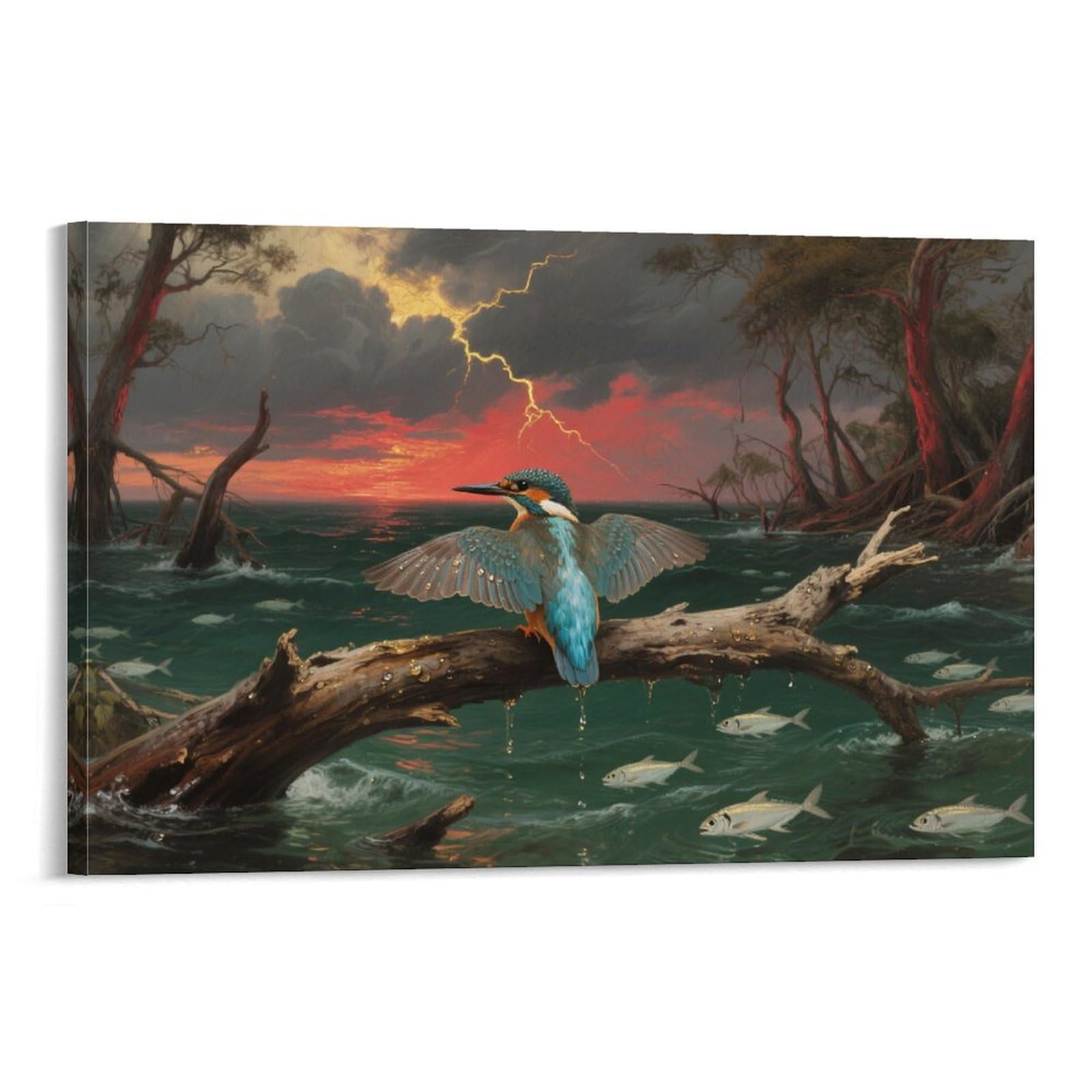 YYVKPMLXC Wall Art Kingfisher Canvas Print Thunderstorm Dusk Giclee Artwork Modern Stretched Painting Ready To Hang for Home Decor 20x30inch(50x75cm)