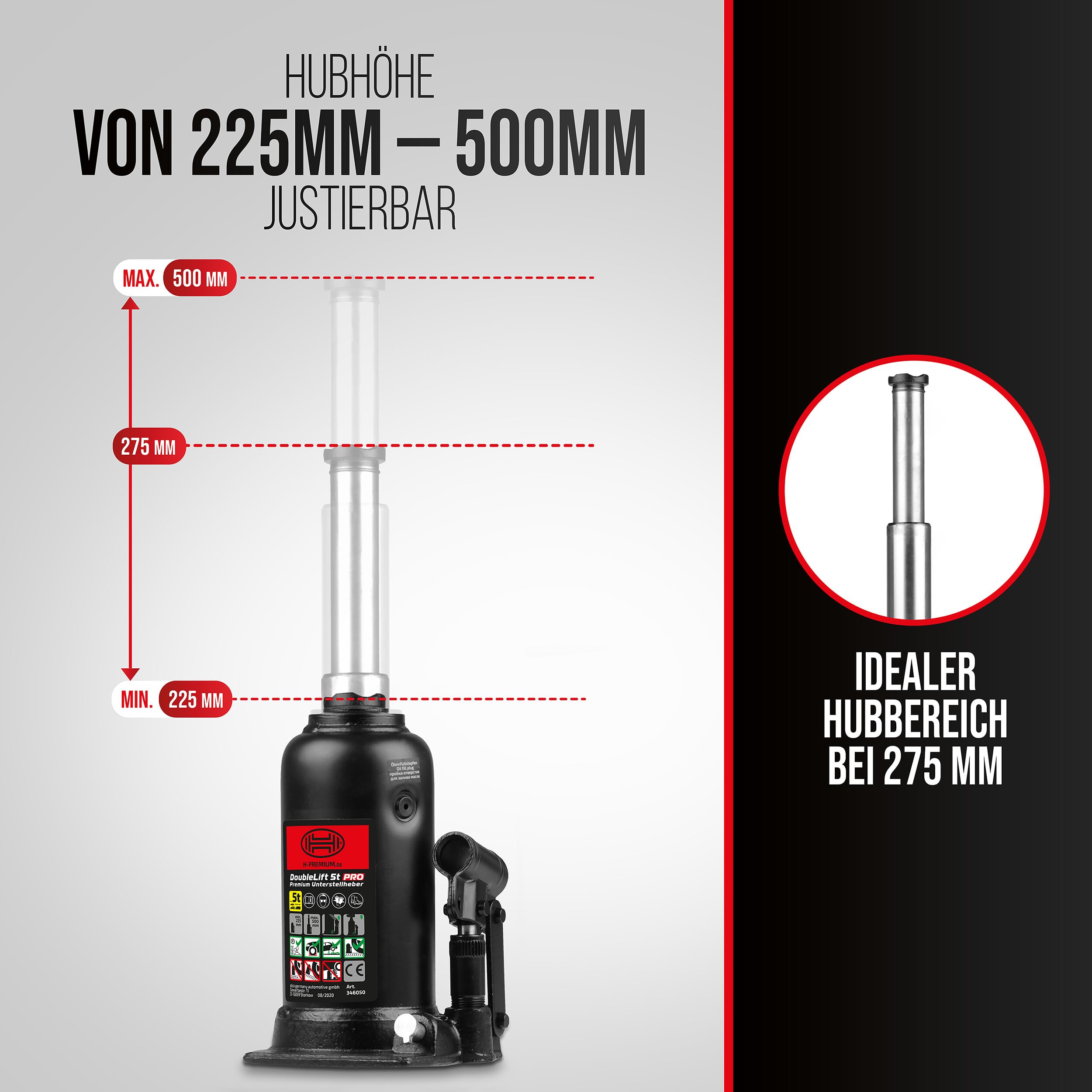 HEYNER® Hydraulischer Unterstellheber 2-stufig I DoubleLift 5t PRO I Stempelwagenheber aus Stahl I Hubhöhe 225–500 mm I Autoheber für SUV Transporter Wohnmobil I inkl. Tasche & Gummigriff