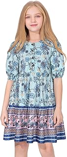 Sponsored Ad - Quedoris Girls Casual Dress Printed and Solid Color Lantern Sleeve Loose Flowy Swing Shift Dress with Button