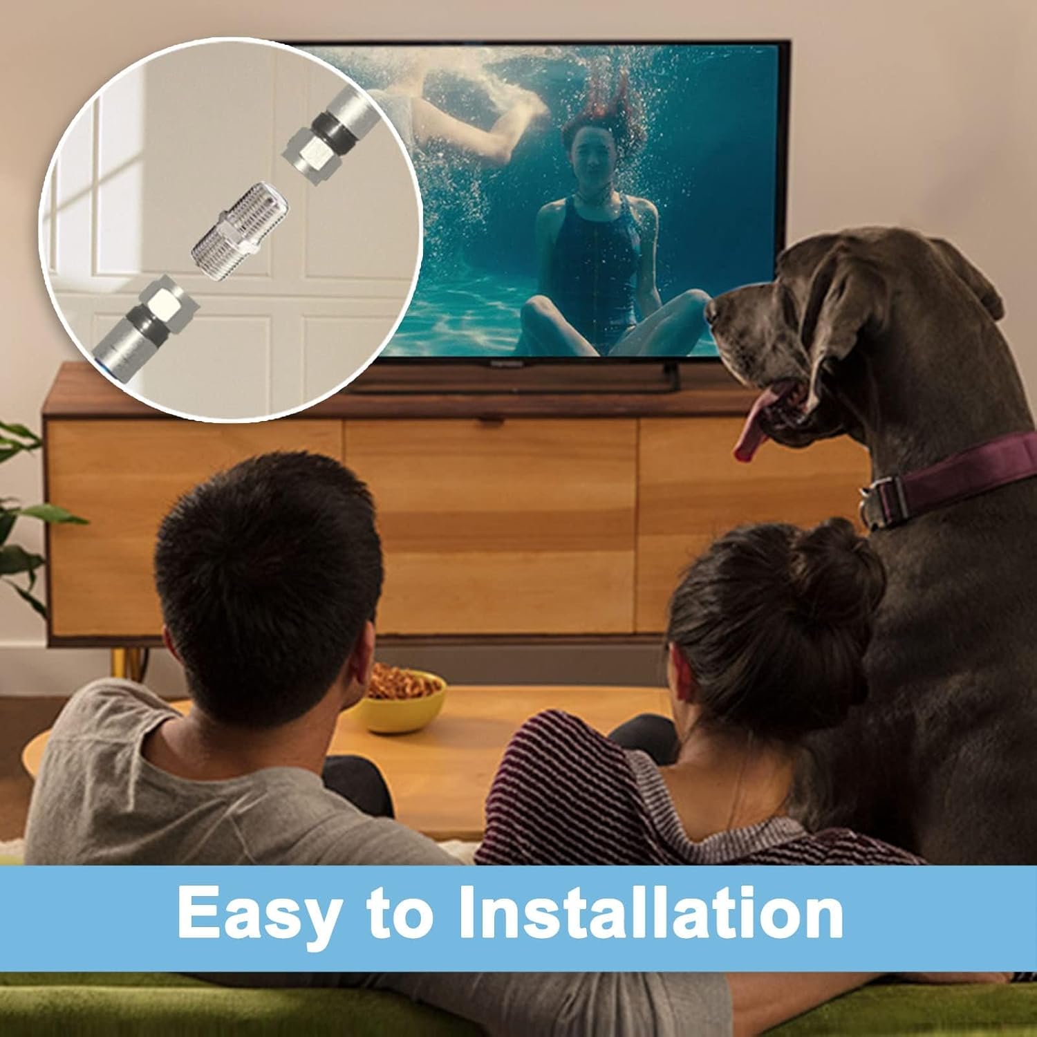 People watching TV with an 'Easy to Installation' graphic, showing coaxial connectors in a circle