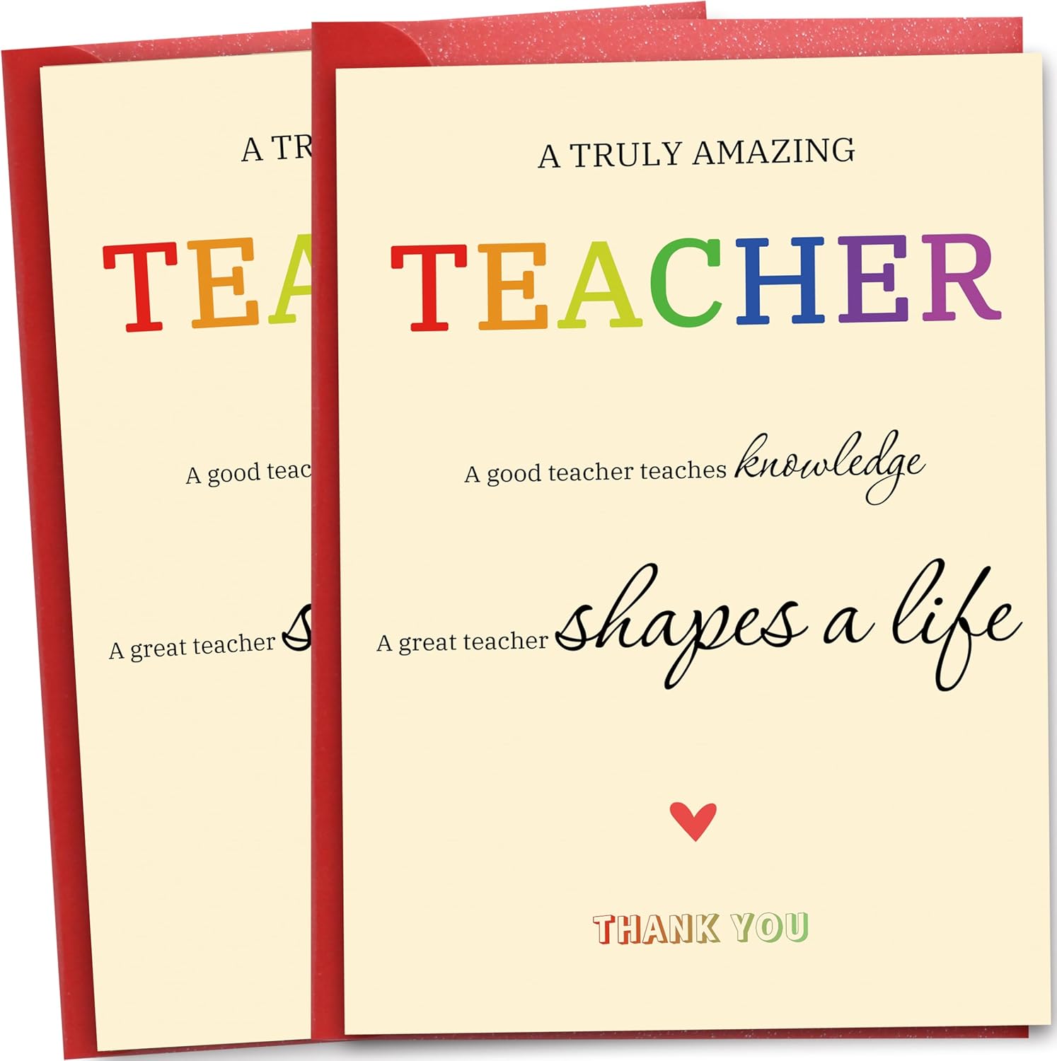 2-Pack Teacher Thank You Cards – “A Great Teacher Shapes a Life” – Colorful Rainbow Design – Blank Inside – With Envelopes & Stickers