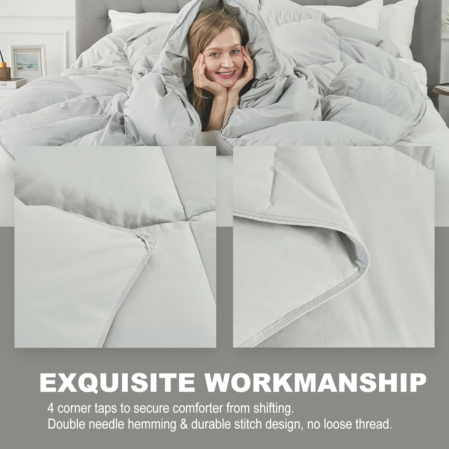 Goose Feather Down Comforter King Size, Grey All Season Fluffy Duvet Insert for Medium Warmth, 100% Egyptian Cotton Cover, Ultra-Soft 750 Fill-Power Luxurious Hotel Bedding Comforters(106"x90")