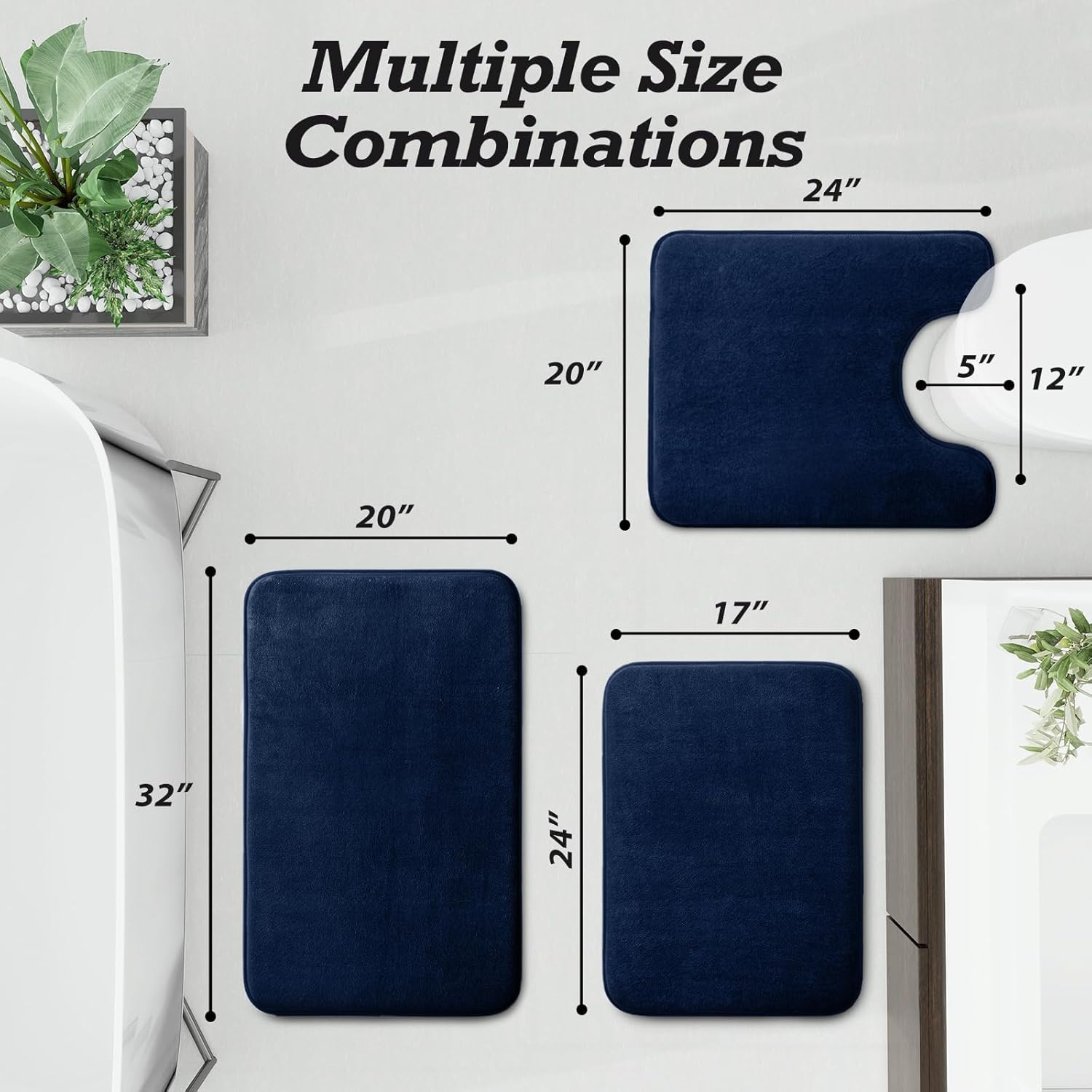 HUXMEYSON Bathroom Rugs Sets 3 Piece, Non-Slip & Quick Dry Bath Mat Set, Ultra Soft Velvet Bath Rugs for Bathroom, Toilet and Shower Floor, Navy - Image 2