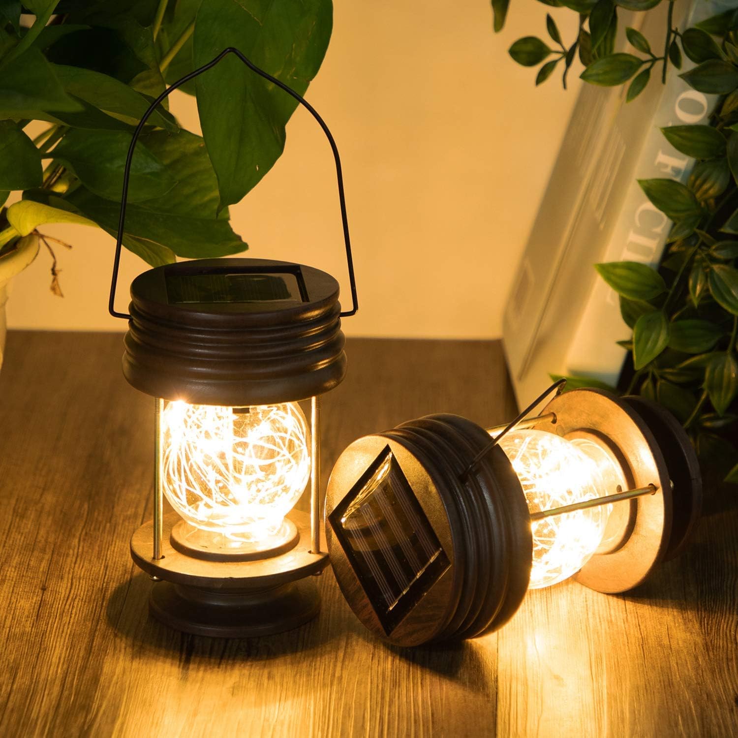 pearlstar Solar Lanterns Outdoor Hanging Solar Lights, 2PK Table Lamps with Retro Design, Garden Lantern Vintage Design for Landscape Yard Table Pathway Beach Decoration