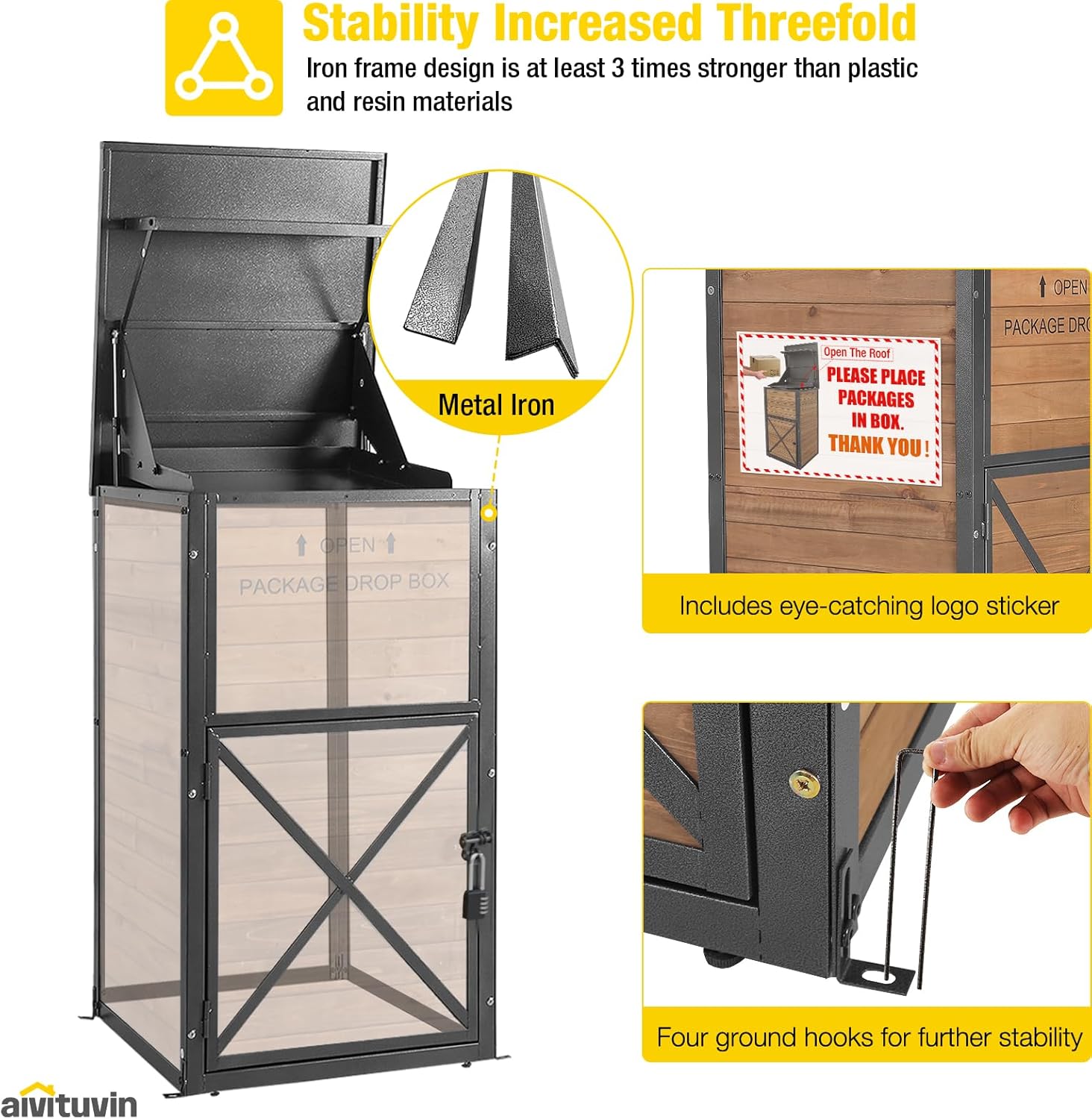 Aivituvin Package Delivery Box for Outside with Combination Lock - Contactless Delivery Box for Safe and Convenient Deliveries - Waterproof, Iron Frame Supported, Natural Fir Wood - Image 4