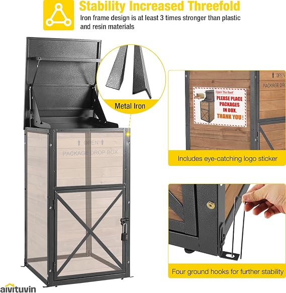 Aivituvin Package Delivery Box for Outside with Combination Lock | solid wood-iron frame, weatherproof, 10x18x18 parcel fit, one-way slot, lockable porch storage
