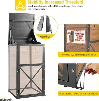 Aivituvin Package Delivery Box for Outside with Combination Lock | solid wood-iron frame, weatherproof, 10x18x18 parcel fit, one-way slot, lockable porch storage