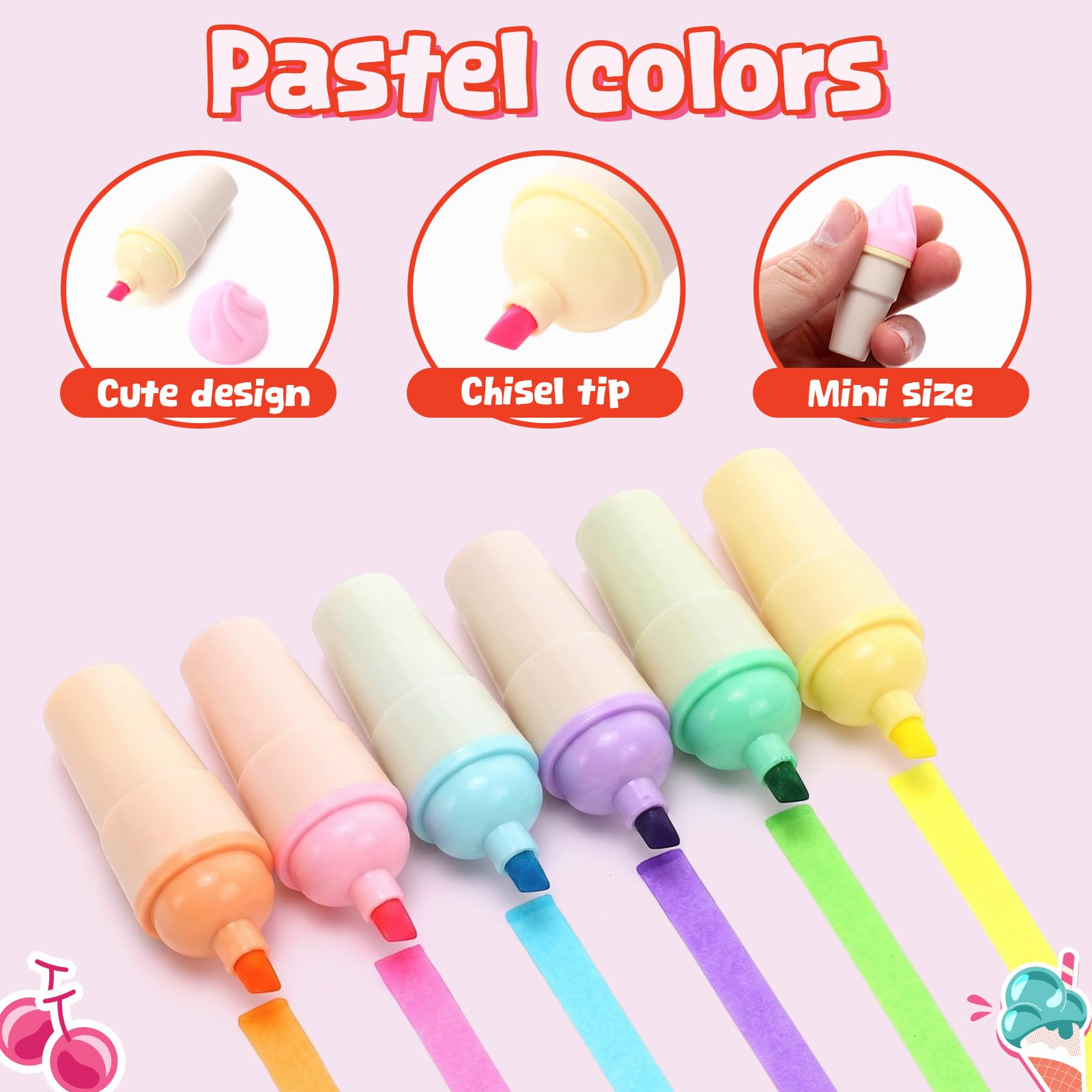 Gueevin 24 juegos de recompensas de regalos de fin de año, resaltadores de helado a granel con tarjetas y bolsas, juego de resaltadores en forma de helado, bonitos marcadores pastel estacionarios para