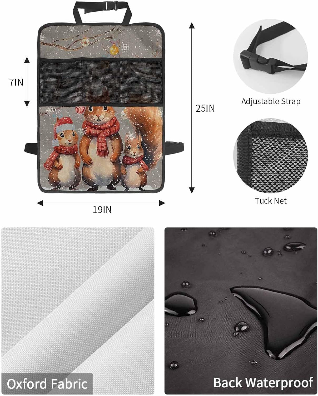 Car Seat Protector, 2 Pack Kick Mats with Organizer - 3 Pocket Storage, Retro Grey Christmas Squirrel Branch Ball Snowflake Back Seat Cover for Kids Universal Fit Automotive Interior Protectors
