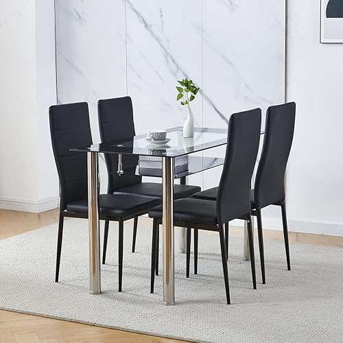 4HOMART YVONNE&F.L.A.M. Juego de 4 sillas y mesa de comedor negra de 5 piezas, sillas de cocina de piel sintética y 2 niveles, mesa de comedor de