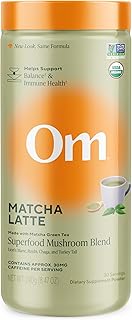 OM MUSHROOM SUPERFOOD Matcha Latte Blend – Green Tea Mushroom Powder with Lion’s Mane, Reishi, Chaga & Turkey Tail – Focus, Calm & Stress Support – 8.47 oz Canister (30 Servings)