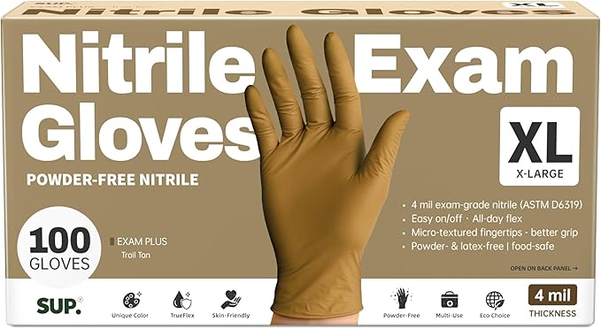 SUP Powder-Free Nitrile Gloves, 100 Count Food Safe Latex-Free Disposable Gloves for Medical Cooking Cleaning Food Prep, Tan