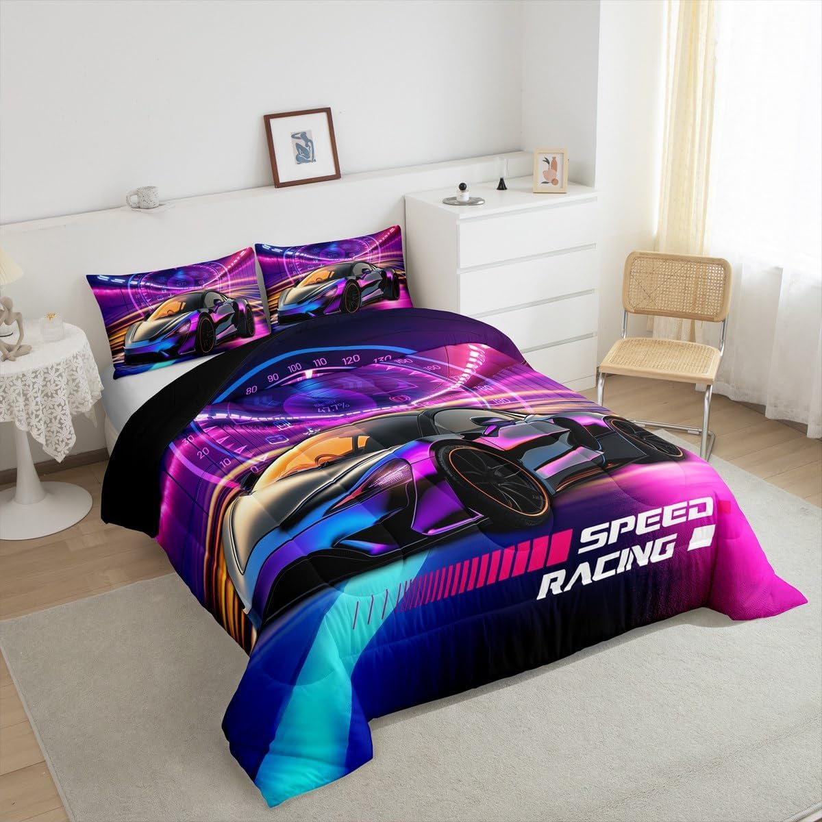 Boys Racing Car Comforter Set,Cool Speed Race Car Bedding Set Queen Size for Kids Boys Girl Teens Bedroom,Blue Purple Speed Dashboard Sports Cars Down Comforter,Automobile Extreme Sport Quilted Duvet