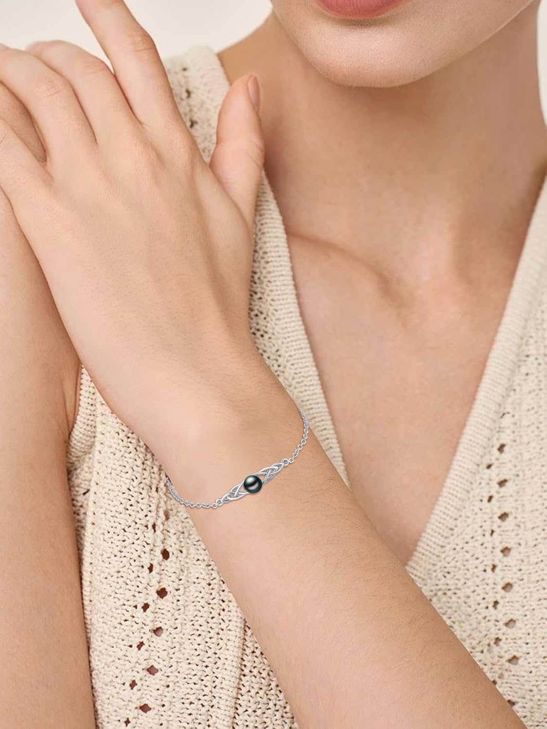 Tahitian Black Pearl Bracelet 18K White Gold Plated Sterling Silver Jewelry Gift for Wife Women Mom for Birthday Anniversary