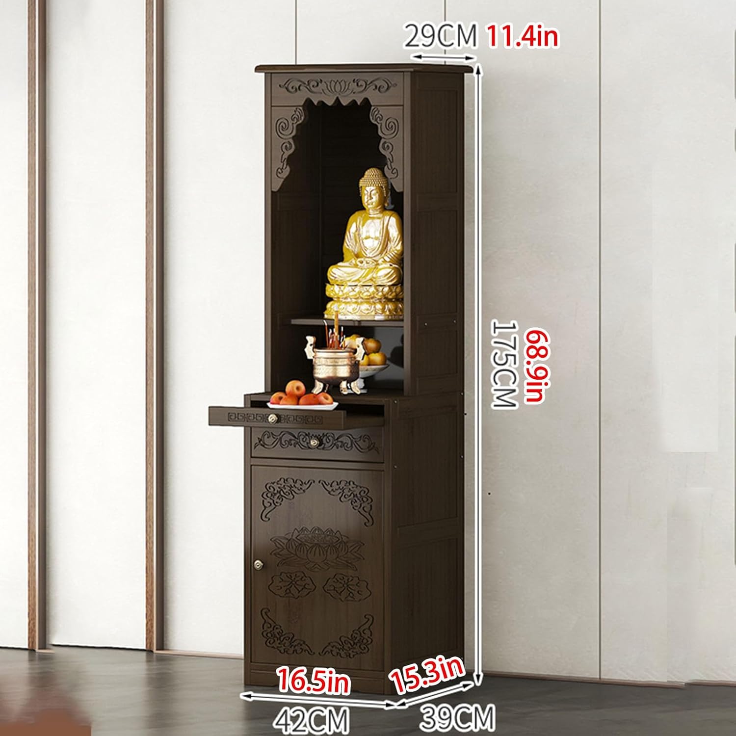 Bamboo Personal Shrine Altar Table with Storage, Meditation Table, Offering Prayer Tables, Chinese Cabinet Pedestal Tables for Buddhist Temples and Ancestral Halls(42cm/16.5in)