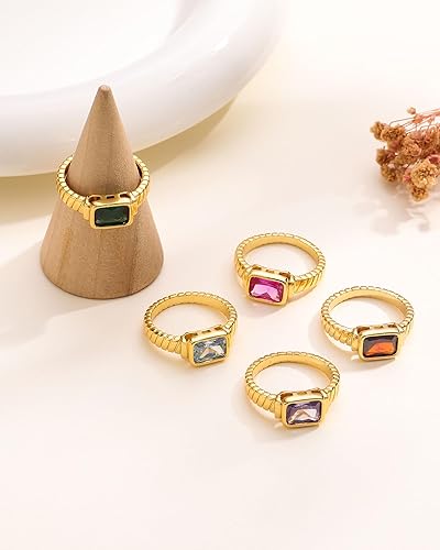 Miniatura 6 de Anillos de oro con piedra natal para mujer, no se deslustra, vintage, gruesos, esmeralda, chapados en oro de 14 quilates, con circonita cúbica,