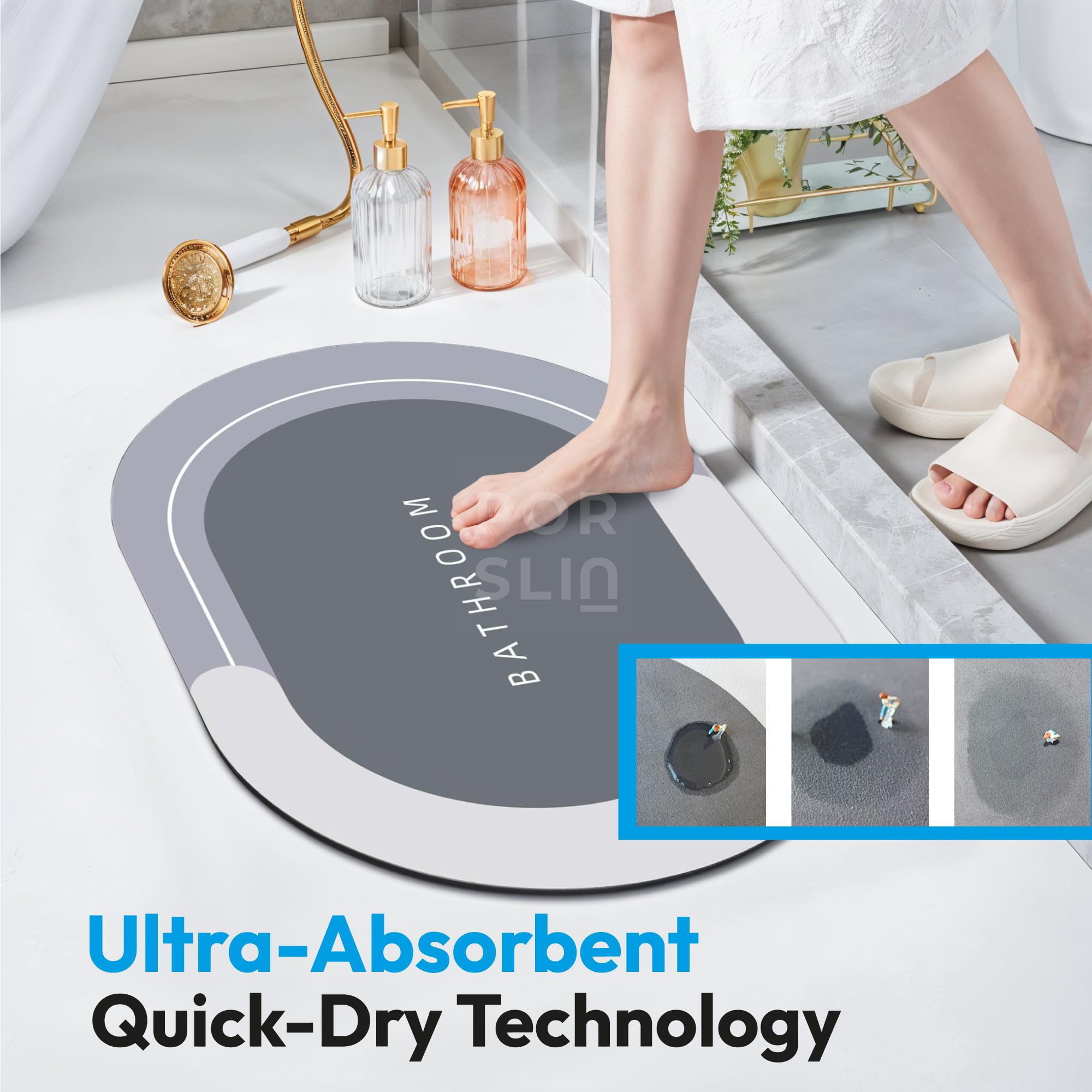 Porslin 60x40cm Quick Dry Bathroom Mat Water Soak Absorbent Anti Slip Rubber Bathmat | Non Slip Bathroom Door Mat for Floor | Soft Water Absorbing Bathroom Rug Carpet Doormat for Home Washroom