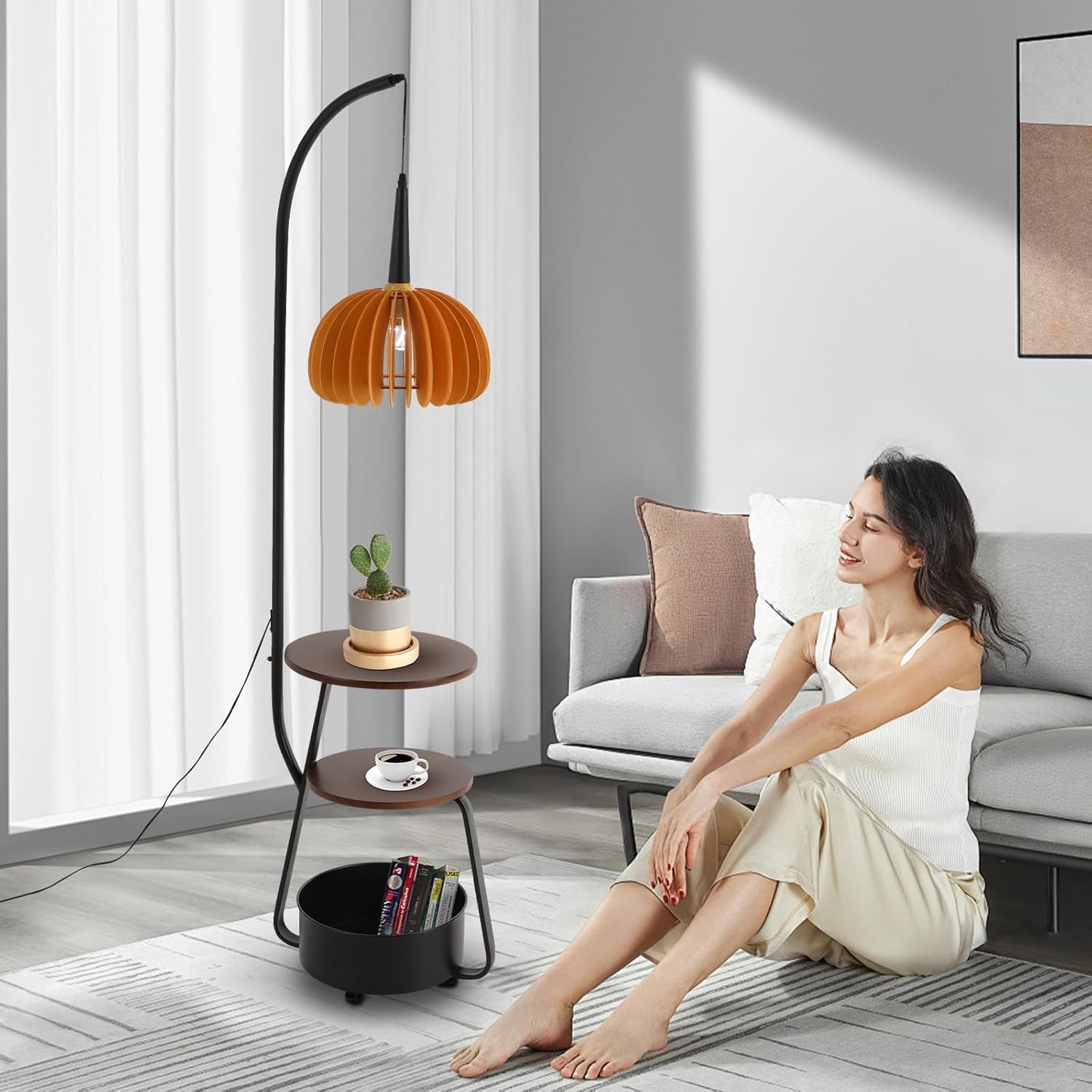 Floor Lamp with 2 Trays & Storage Bin, Modern Decorative Standing Light w/3 Lighting Models, Convenient Foot Switch, End Table with Pumpkin lampshade Lampshade for Living Room Bedroom