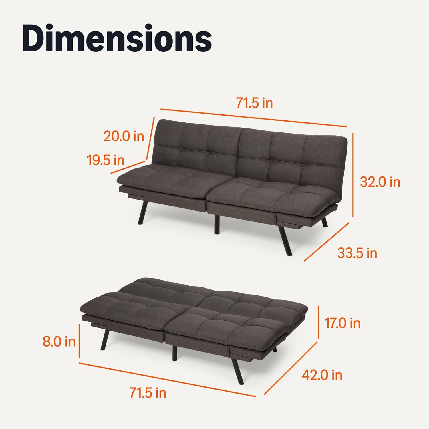 Amazon Basics Futon Sofa Bed, Convertible Memory Foam Sofa Couch with Adjustable Positions for Small Living Room, Office, Apartment, Dark Grey Linen Fabric