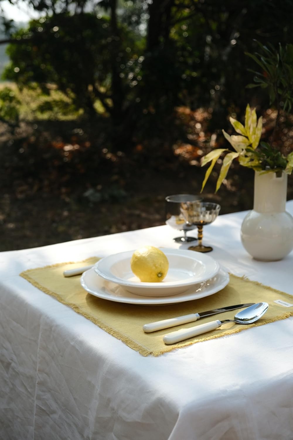 100% Linen Placemats Set of 4 – Thick Mustard Yellow Table Mats with Hand-Frayed Edges, Hand Made, Elegant Dining Table Decor for Spring Dinner Parties, Easter, Mothers Day, 14 x 19 Inch