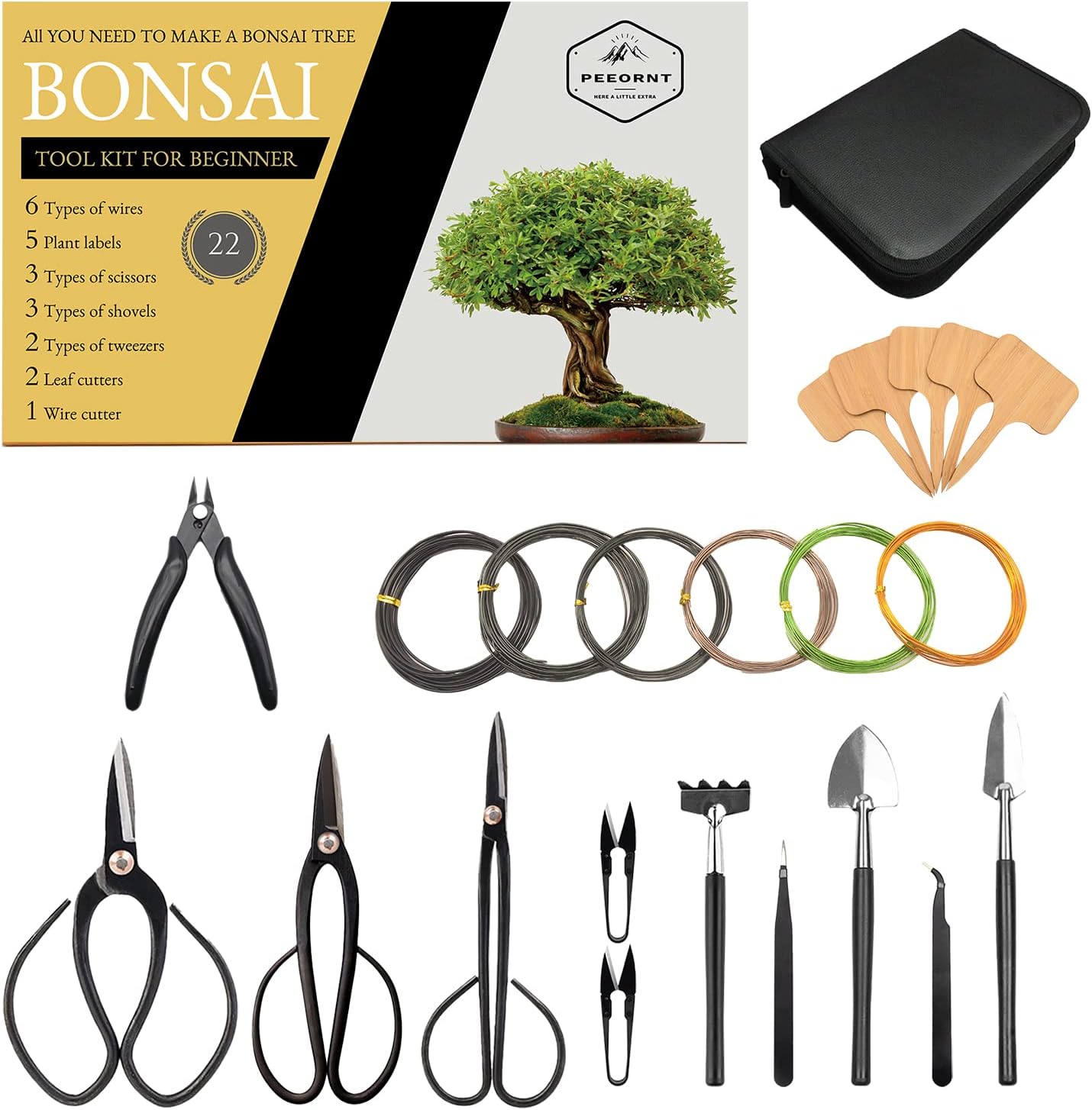 PEEORNT Bonsai Tree Tool Set 22 Pcs High Carbon Steel Bonsai Tools Set Cutting Tool Set Includes Pruning Shears, Cutters, Wires