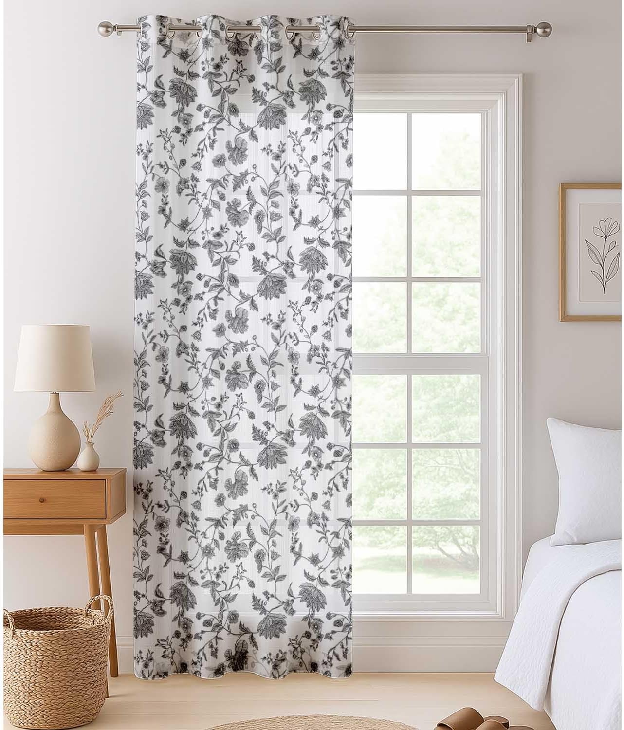 Floral Vines Design Sheer Curtains for Short Windows - Set of 2 Panels, 63", Grommet Top, Printed Georgette, Light Filtering Drapes for Kitchen or Bedroom