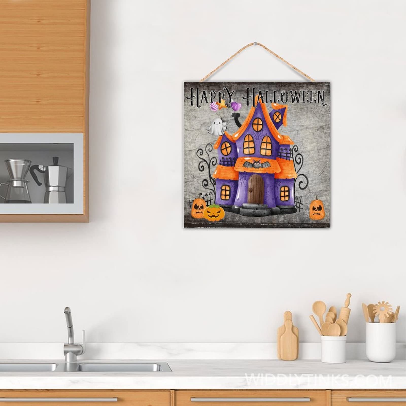 Enseigne lumineuse citrouille Halloween Porte en bois Décoration de fête pour la maison, la cour