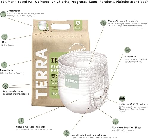 Miniatura 9 de Terra Pantalones de entrenamiento talla 6 85% pañales estilo pull-up a base de plantas, ultra suaves y sin químicos para pieles sensibles, absorción