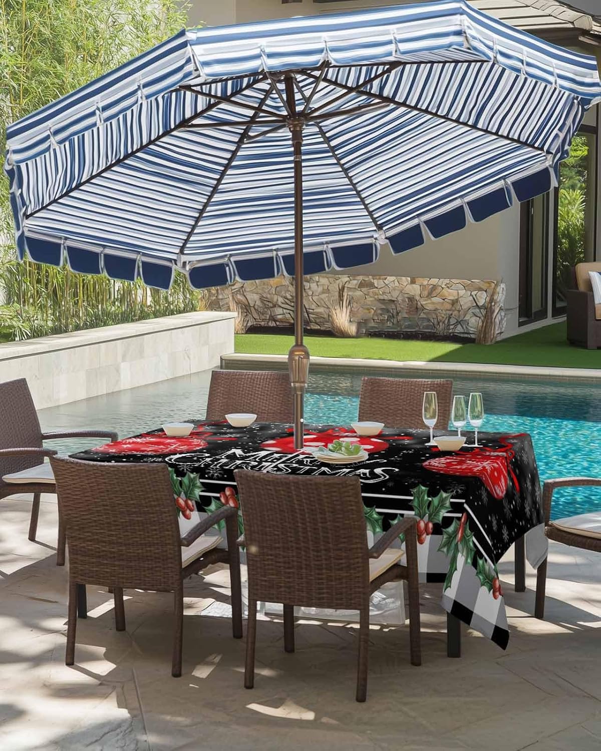 Christmas Balls Red Outdoor Tablecloths with Umbrella Hole and Zipper, Black White Plaid Xmas Snowflake Black Waterproof/Stain Resistant Rectangle Table Cloth 54x80 Patio Table Cover for Picnic/Party