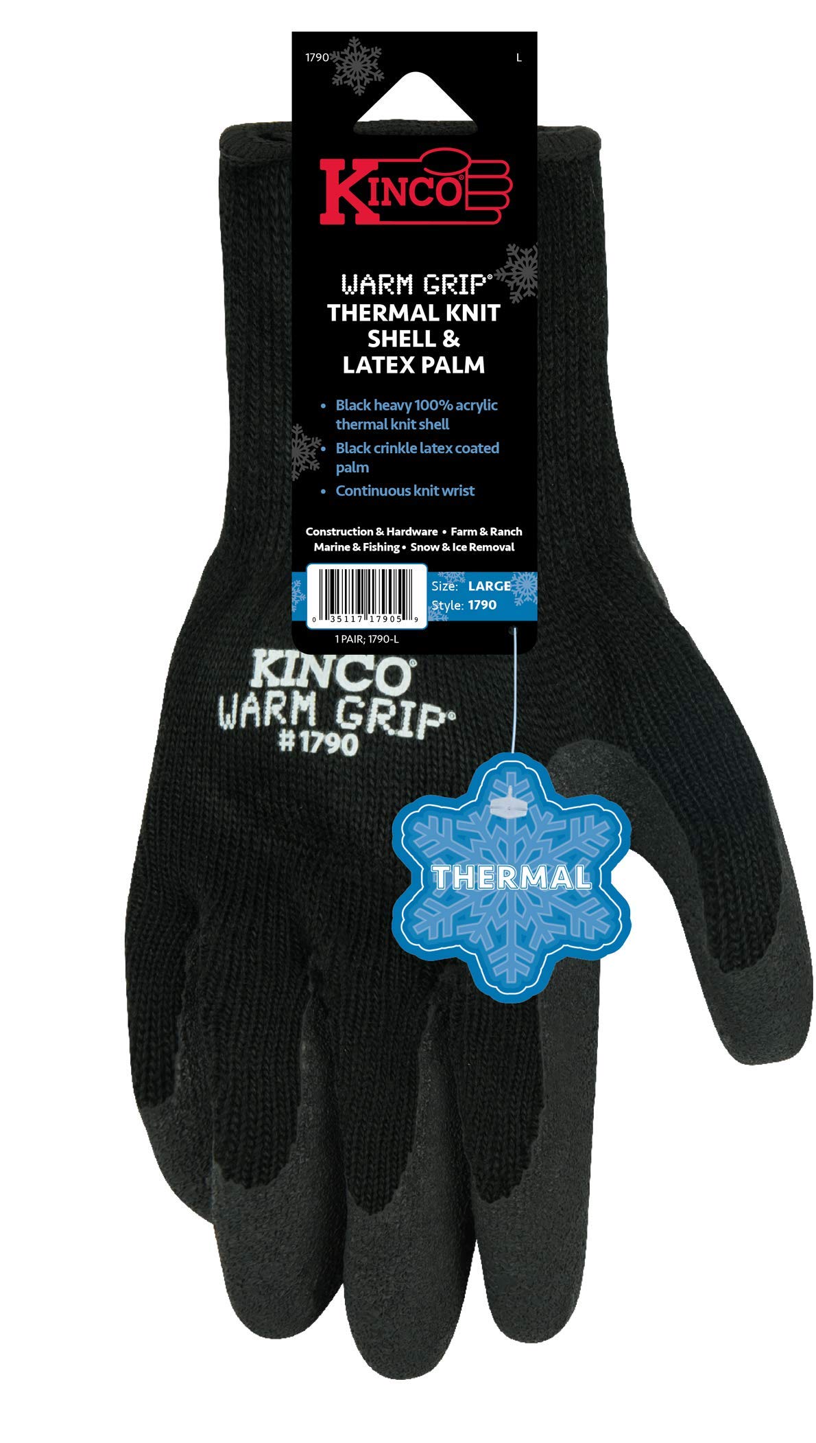 Kinco - Warm Grip Heavy Thermal Work Gloves, Extra Warm, Latex Grip, (1790)