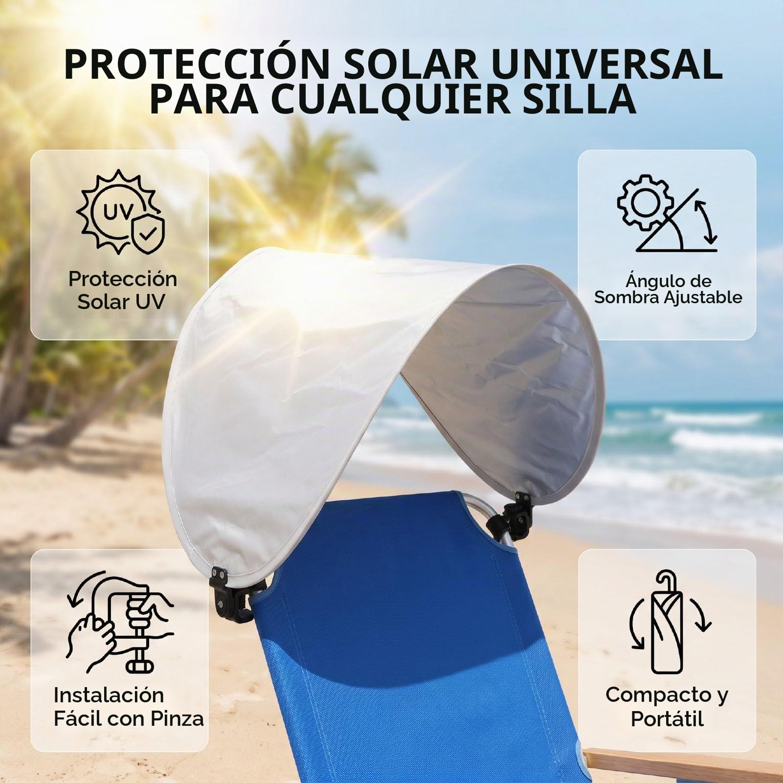 Fockety Toldo Universal para Silla, Accesorio Plegable Portátil para Parasol con Abrazadera Ajustable,Toldo para Silla para Playa, Camping, Césped, Deportes, Sillas de Gravedad Cero