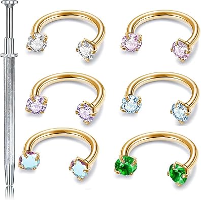 Multicolor Zircon Horseshoe Nose Ring, Double Stud Gem Horse Shoe Hoop Steel Half Earring Tragus Hoops Piercing Jewelry